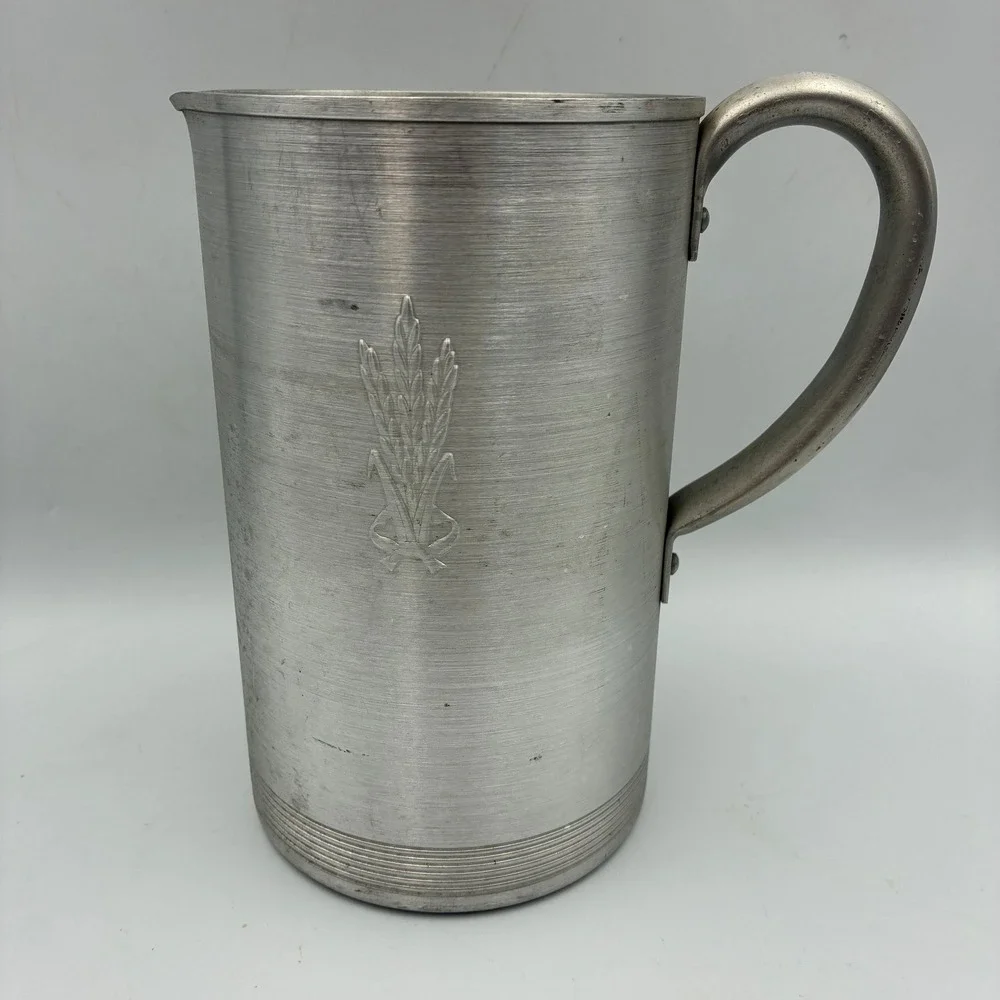 Vintage Aluminum Wheat Pitcher and 4 Tumbler Cup Set Silver Mid Century Modern